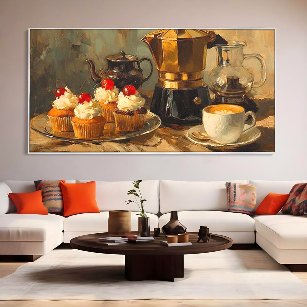 Tablou canvas cu pictura statica cu briose si cafea, in rama de aluminiu argintiu, pe perete intr-un living